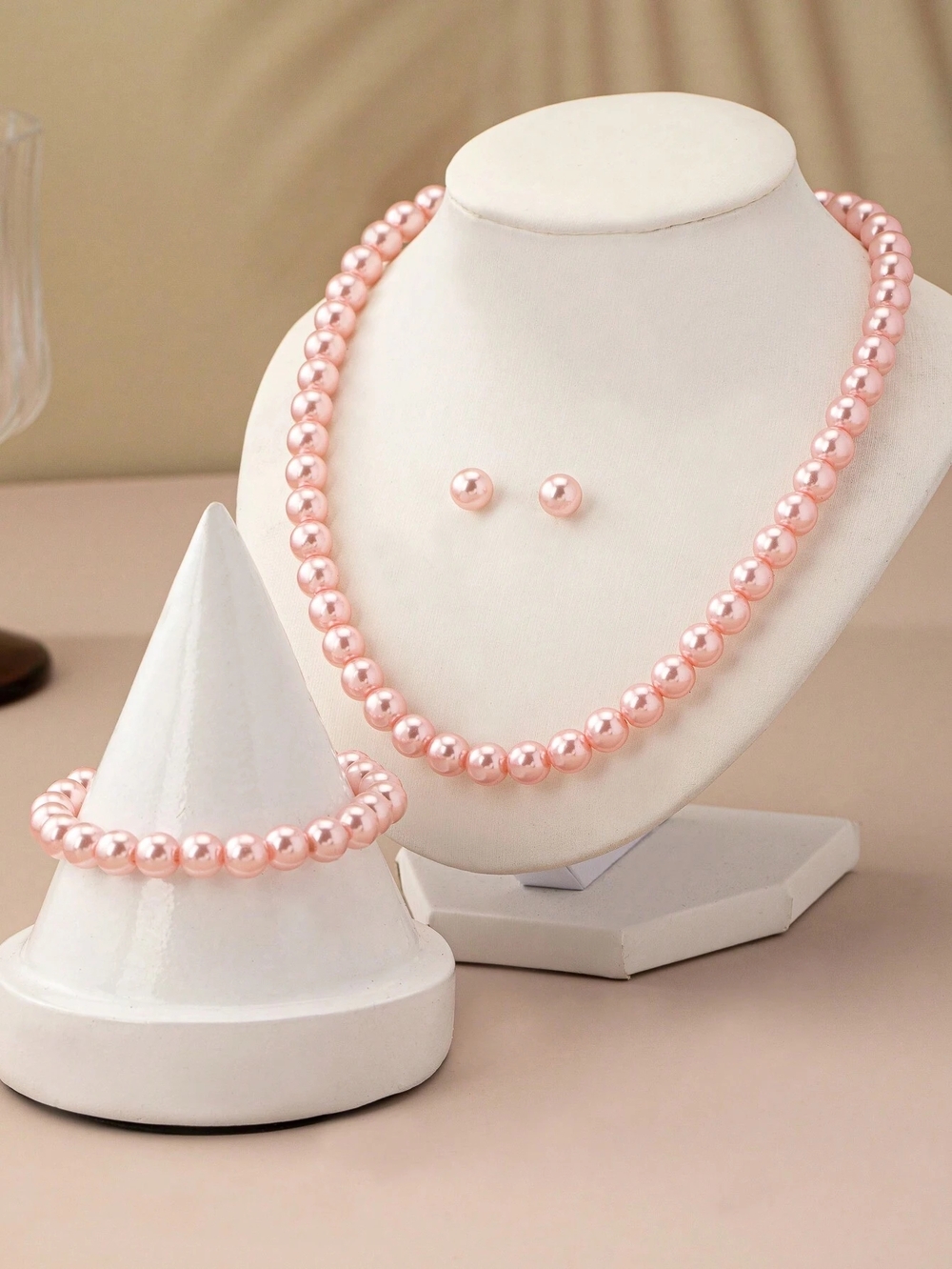 Soft Pink Pearl Necklace, Bracelet & Stud Earring Set